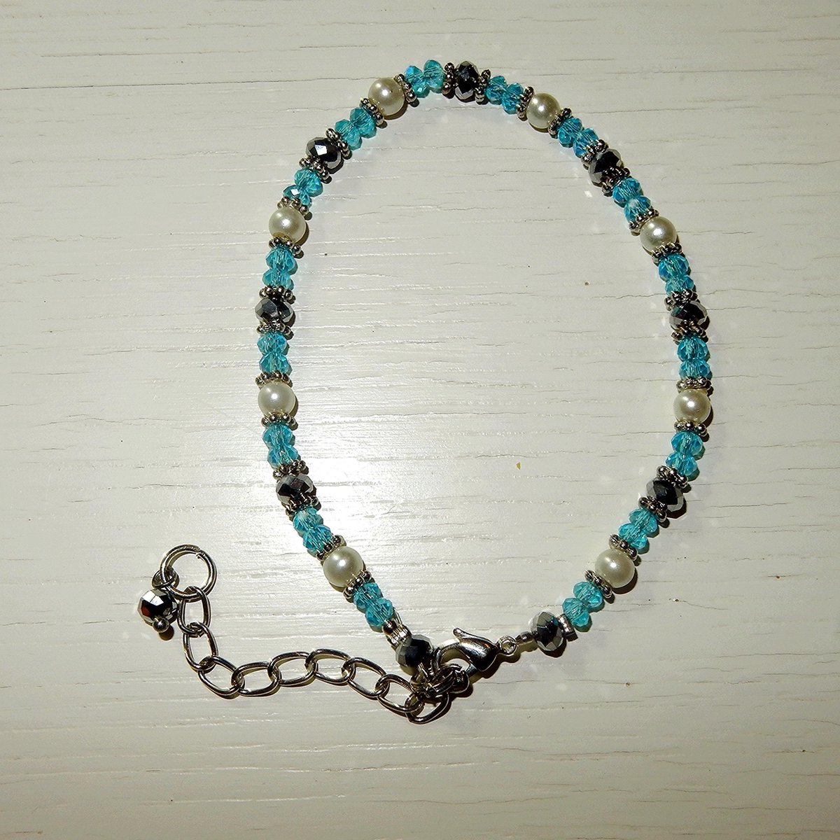 Zilveren Armband met Aquamarijn, Parel en Pyriet met verstelbaar zilveren slotje