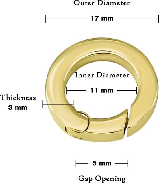 Gouden verbindingsring met buitendiameter 17 mm, binnendiameter 11 mm, dikte 3 mm en opening van 5 mm.