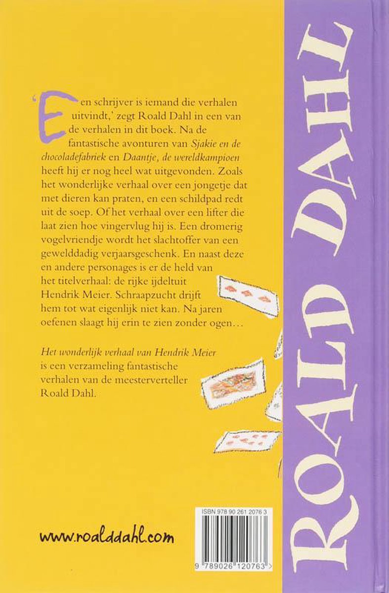 Achterkant boek "Het wonderlijk verhaal van Hendrik Meier" met tekst en barcode. "www.roalddahl.com"