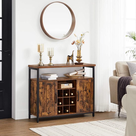 GIANTEX Wijnkast, wijnrek, dressoir, keukenkast, buffetkast met 2 glazen deuren en 2 laden, flessenrek voor 8 flessen, opbergkast met kantelbeveiliging, vitrinekast 90 x 40 x 126,5 cm