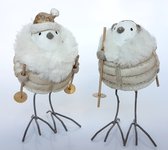 Set van 2 vogeltje met ski's - Wit / zilver / creme - 11 x 9 x 15 cm hoog (per stuk)