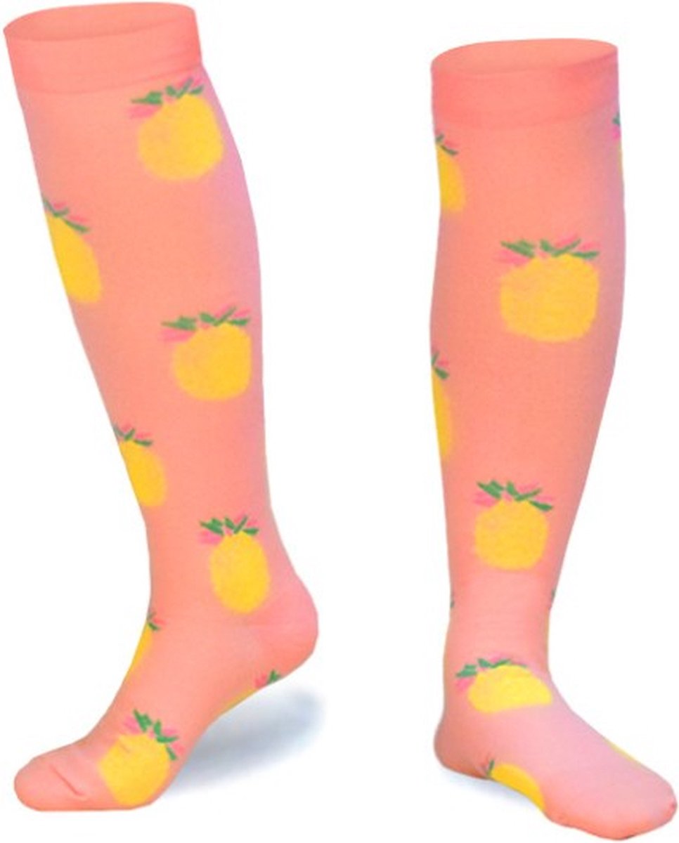 Compressiesokken - Compressiekousen - sokken - kousen - sportsokken - heren / vrouwen - print ananas - roze / geel - L / XL