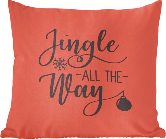 Sierkussens - Kussentjes Woonkamer - 50x50 cm - Kerst quote "Jingle all the way" tegen een rode achtergrond - Kerstversiering - Kerstdecoratie voor binnen - Woonkamer
