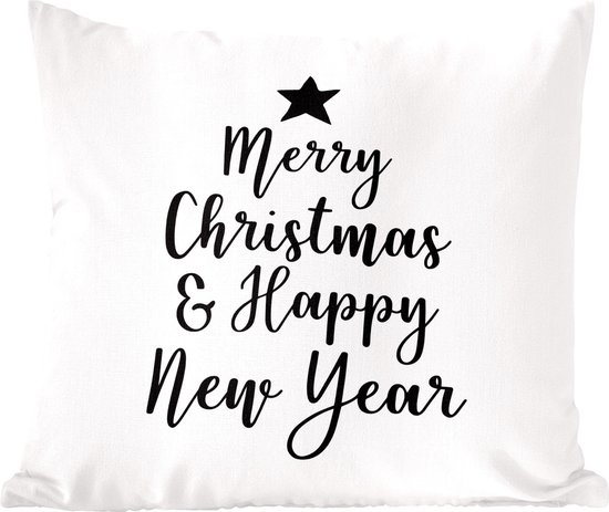 Sierkussens - Kussentjes Woonkamer - 50x50 cm - Kerst quote "Merry Christmas & Happy New Year" op een witte achtergrond - Kerstversiering - Kerstdecoratie voor binnen - Woonkamer