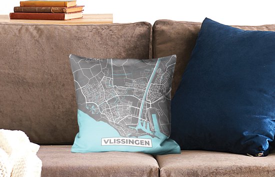 Coussins décoratifs - Oreillers de salon - 40x40 cm - Plan d'étage - Vlissingen - Grijs - Blauw - Plan de la ville