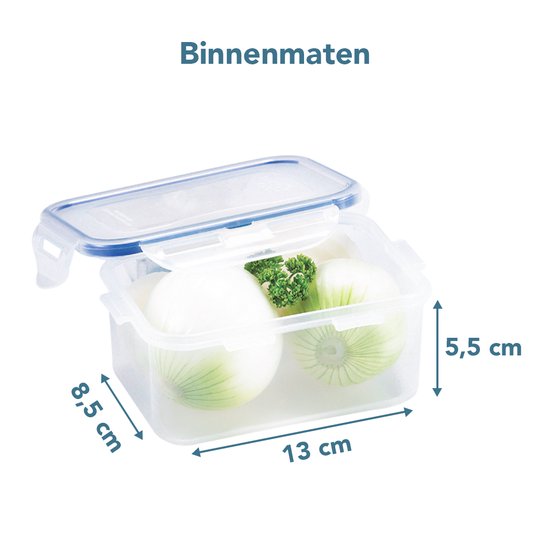 Boîte de conservation transparente avec couvercle bleu, remplie de deux oignons et de persil. Dimensions : 13 cm x 8,5 cm x 5,5 cm.