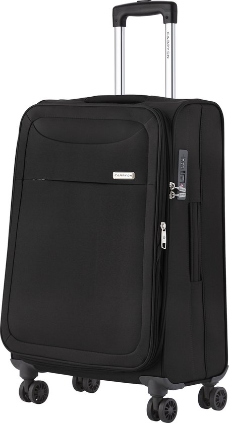 Zwarte CarryOn koffer met trolleystang en vier dubbele wielen.