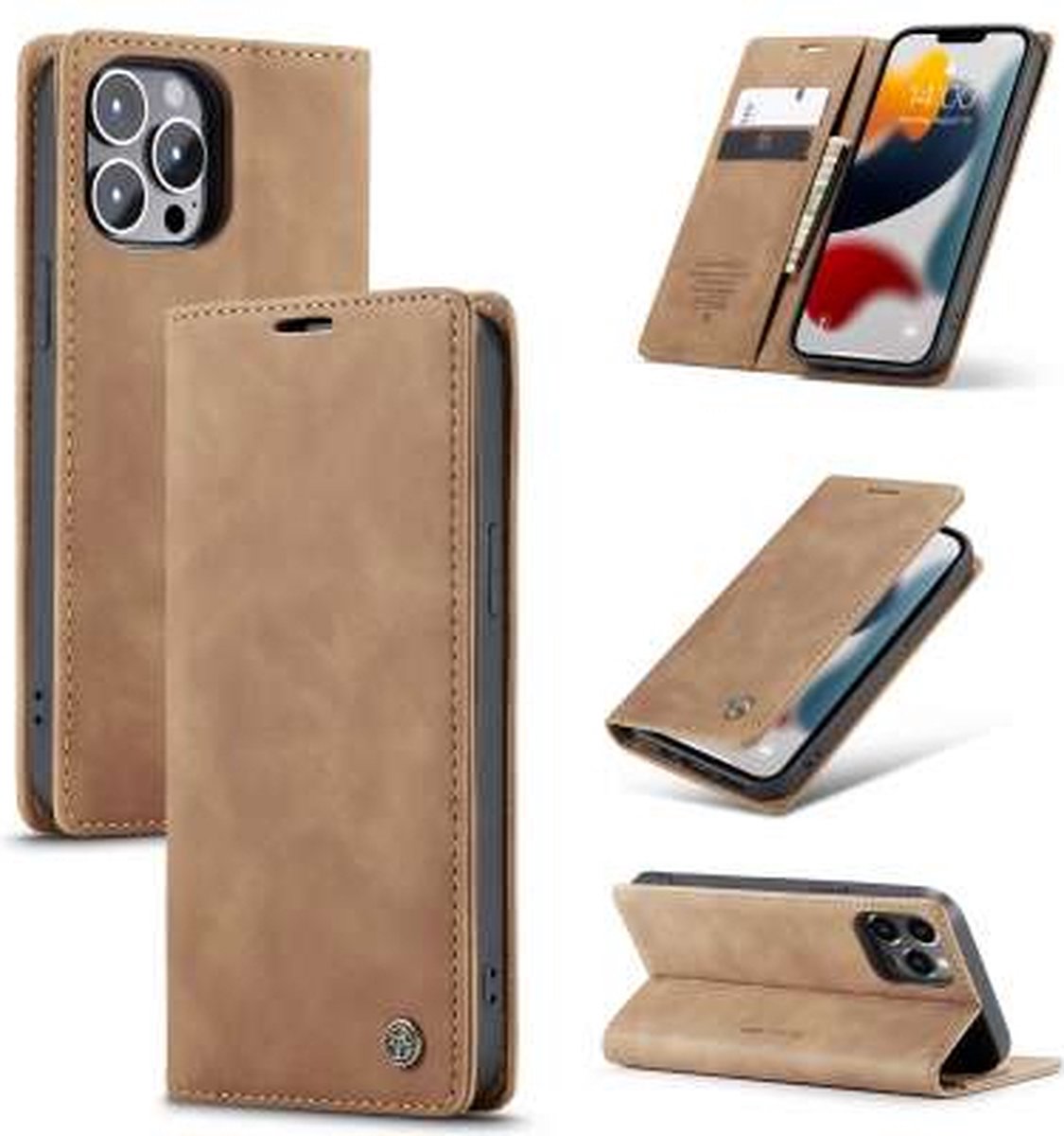 CaseMe - Telefoonhoes Geschikt voor: iPhone 13 Pro Retro Wallet Case - Bruin