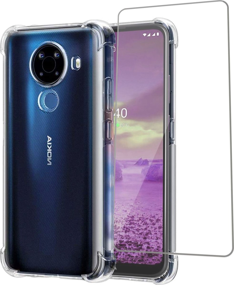 Geschikt voor Nokia 5.4 Hoesje - Case Transparant + Screenprotector - Beschermglas
