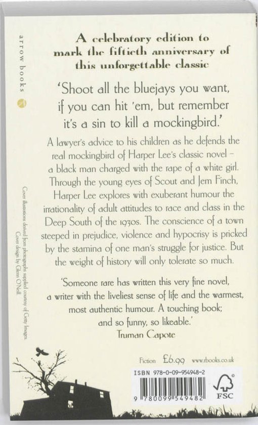 Dos du livre 'To Kill a Mockingbird 50th Anniversary Edition'. Texte du rabat, prix, ISBN et logo FSC.