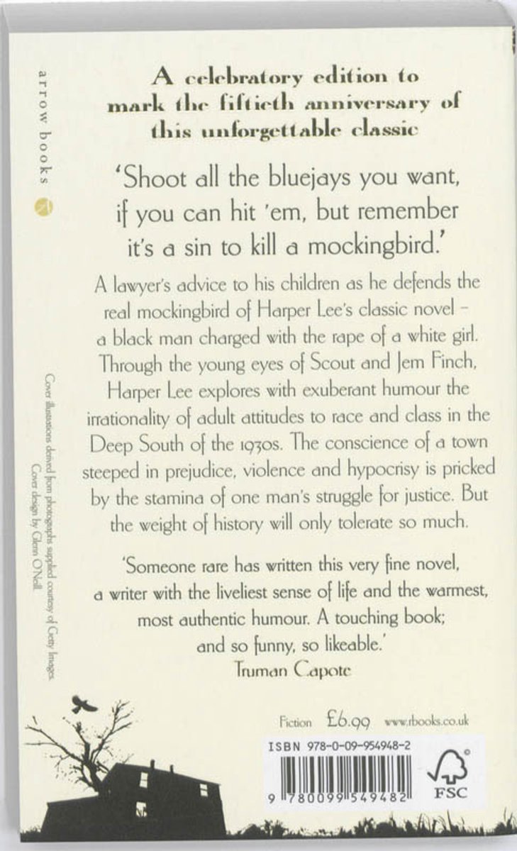 Dos du livre 'To Kill a Mockingbird 50th Anniversary Edition'. Texte du rabat, prix, ISBN et logo FSC.
