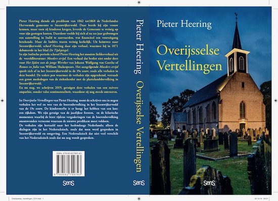 Boekcover met de tekst 'Pieter Heering Overijsselse Vertellingen'. Toont een kerk met kerkhof in de schemering. Achterkant bevat tekstuele beschrijving.
