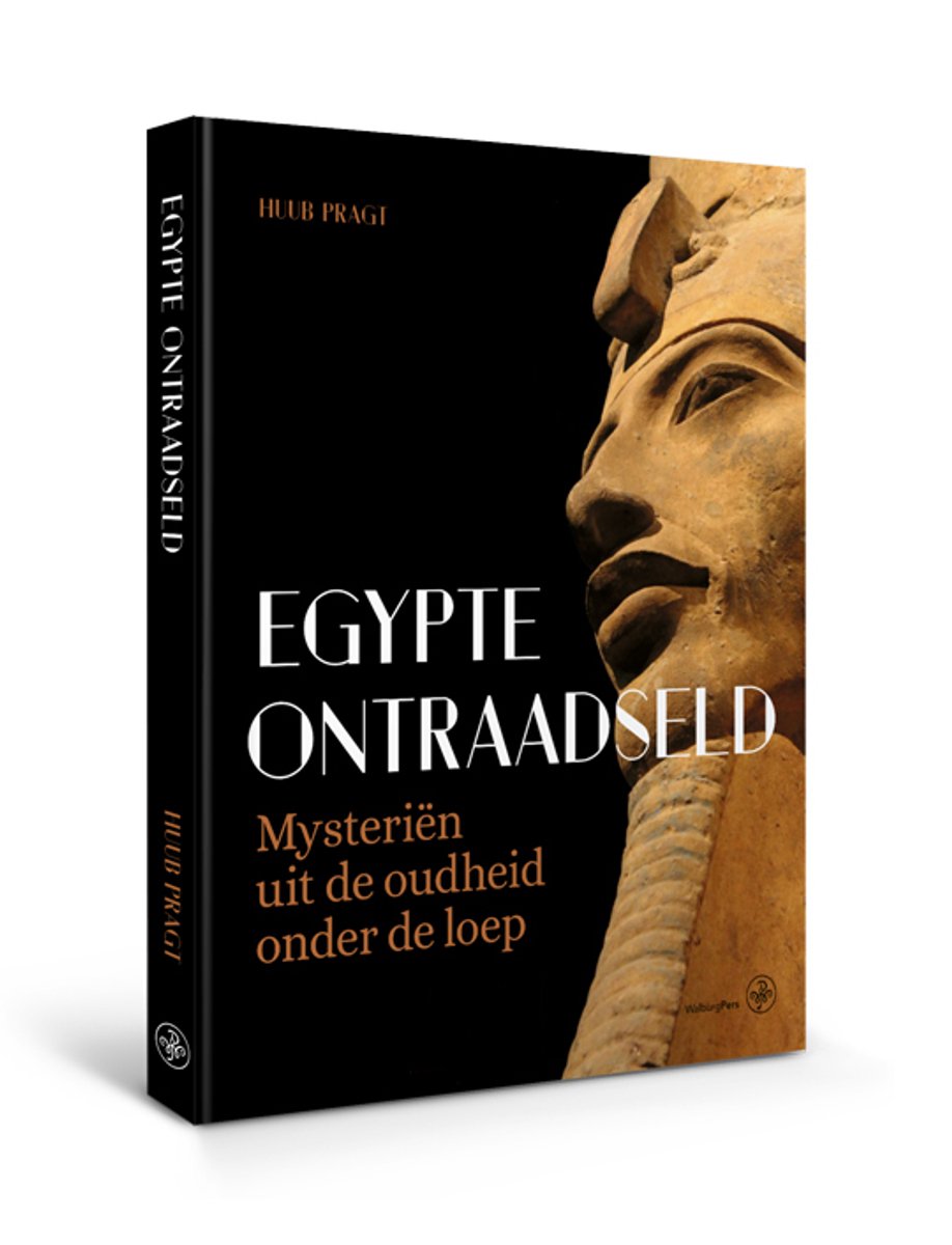 Boek "Egypte Ontraadseld" met de titel groot in beeld, met een faraonische buste op de voorgrond.