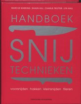 Boekomslag met tekst 'Handboek Snij Technieken', mes-illustraties en namen van chef-koks.