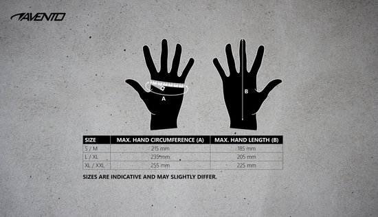 Tabel met maten voor Avento sporthandschoenen. Toont handomtrek en handlengte voor maten S/M, L/XL, en XL/XXL.