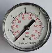 K&W Manometer 63 mm diameter 0-12 bar met 1/4"  achter aansluiting geschikt voor luchtdruk