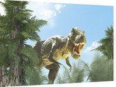 Dinosaurus T-Rex in zonnig woud - Foto op Dibond - 90 x 60 cm