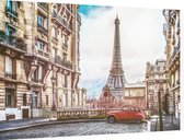 Uitkijk op Eiffeltoren vanuit klassiek straatbeeld van Parijs - Foto op Dibond - 90 x 60 cm