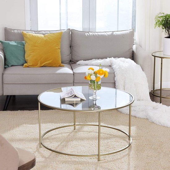 Hoppa! Salontafel Rond - Goudkleur - Glas/Metaal - 84x84x45,5