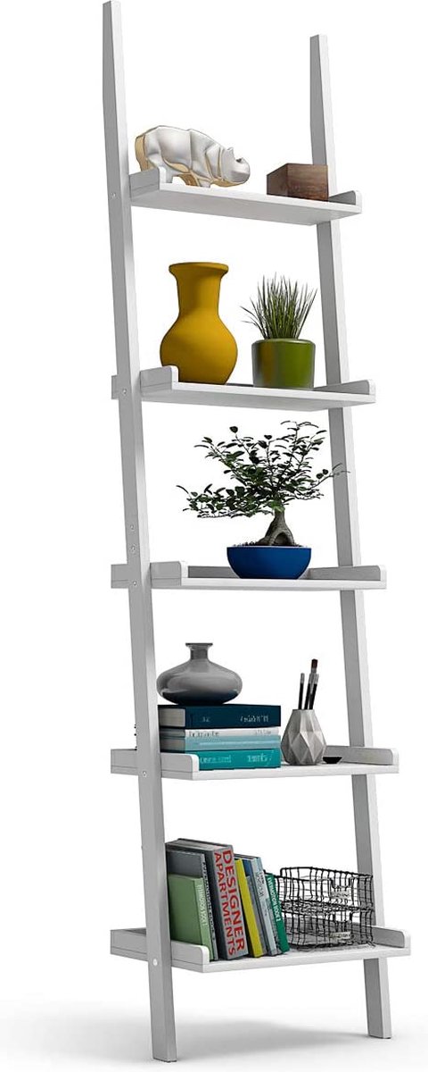 LUXGOODS boekenkast, Ladder plank, 5 laags muur-Leunende boekenplank Ladder boekenkast, eenvoudige moderne houten opslag weergeven plank voor thuis, woonkamer, keuken en kantoor, Multifunctionele Plant Bloem Standplank (Wit)
