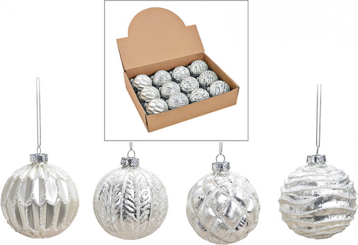 Kerstballenset 12 stuks - Glas - 8 cm - Zilver/Wit