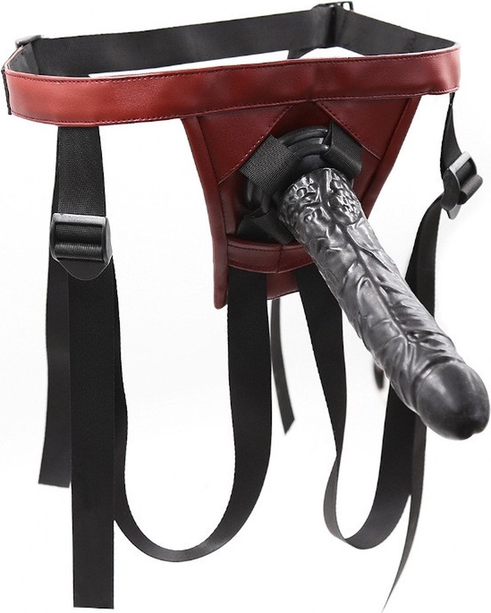 Nooitmeersaai - Leren strap-on harnas met zwarte dildo - 19 cm