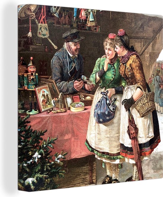 Canvas Schilderij Kerst - Portret Kerstmarkt - Vintage - 50x50 cm - Wanddecoratie