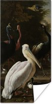 Poster Een pelikaan en ander gevogelte bij een waterbassin - Schilderij van Melchior d'Hondecoeter - 60x120 cm