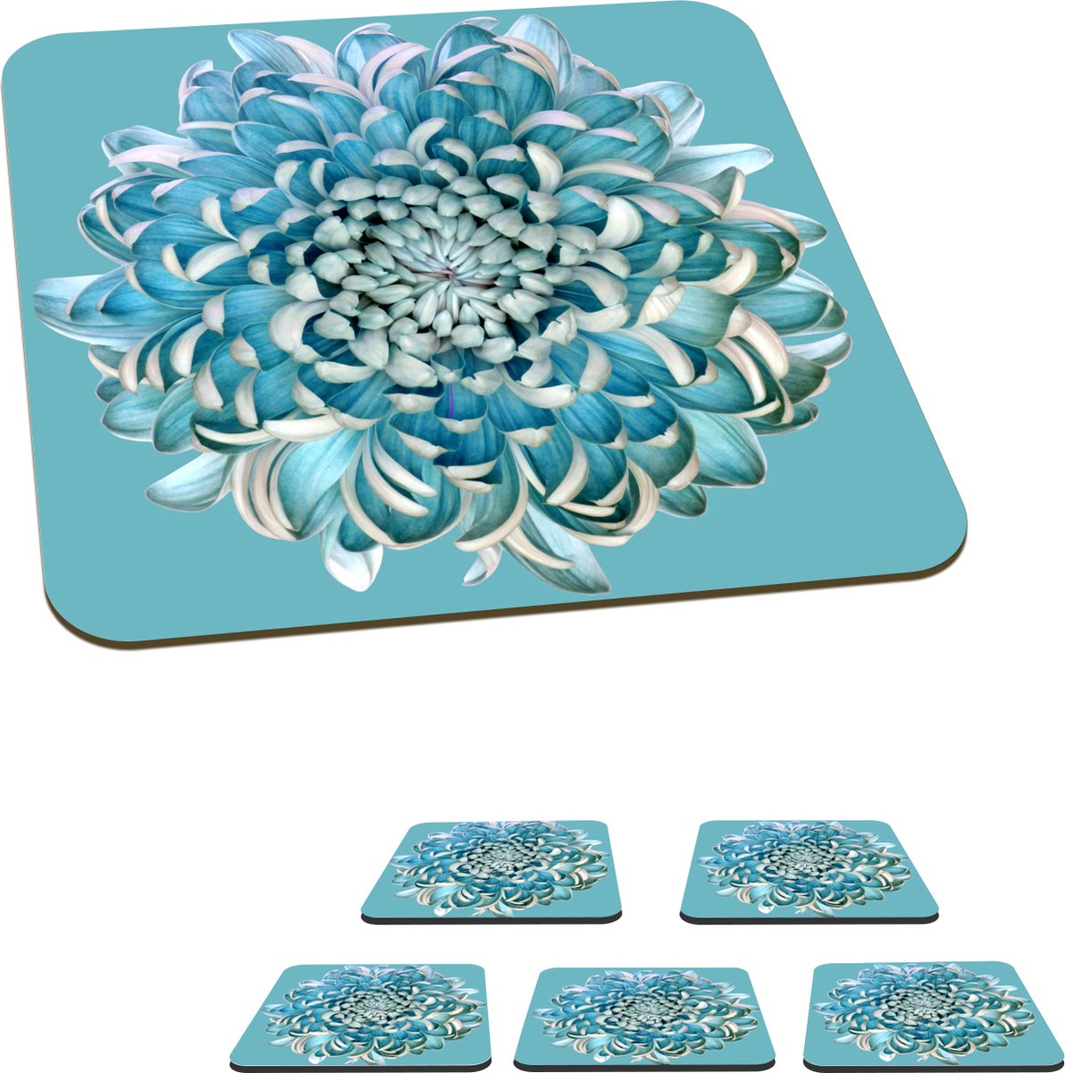 Onderzetters voor glazen - Blauwe Chrysant - 10x10 cm - Glasonderzetters - 6 stuks