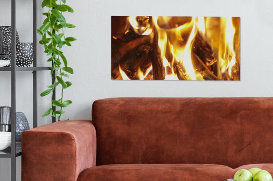 Tableau sur toile Une cheminée avec feu - 80x40 cm - Décoration murale