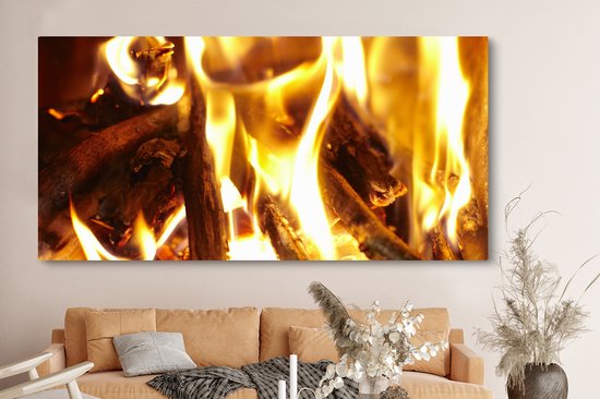 Tableau sur toile Une cheminée avec feu - 160x80 cm - Décoration murale