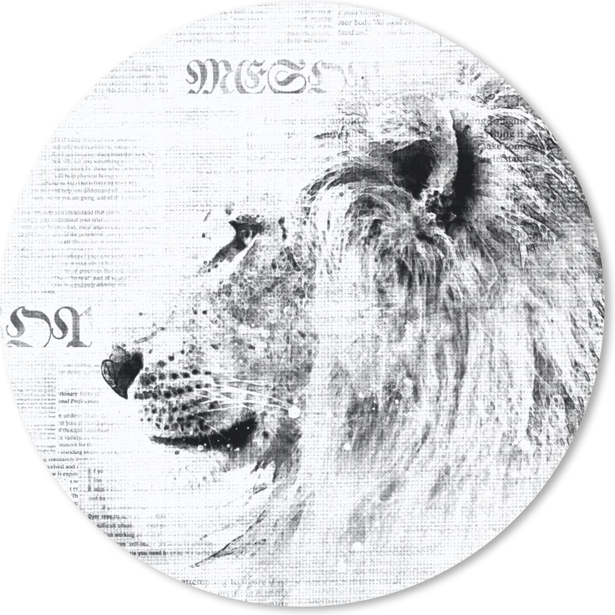 Muismat rond 30x30 cm - Mousepad Leeuw - Krant - Zwart - Wit - Ronde muismatten