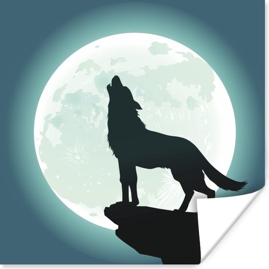 Illustratie van een huilende wolf bij volle maan poster 75x75 cm - Foto print op Poster (wanddecoratie woonkamer / slaapkamer) / Wilde dieren Poster