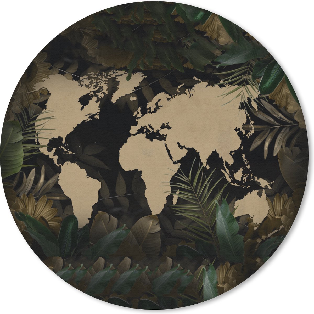 Muismat rond 20x20 cm - Mousepad Wereldkaart - Bladeren - Beige - Ronde muismatten