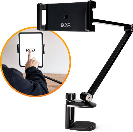 R2b tablet houder met verstelbare arm - ook geschikt voor telefoons - telefoonhouder - telefoonstandaard - tablet standaard - zwart