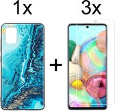 Samsung A32 5G Hoesje - Samsung Galaxy A32 5G Hoesje Marmer Donkerblauw Oceaan Print Siliconen Case - 3x Samsung A32 5G Screenprotector