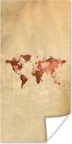 Wereldkaart Muur - Wereldkaart - Hart - Bruin - 20x40 cm - Poster