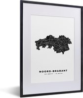 Fotolijst incl. Poster - Noord-Brabant - Kaart - Zwart - Wit - 30x40 cm - Posterlijst