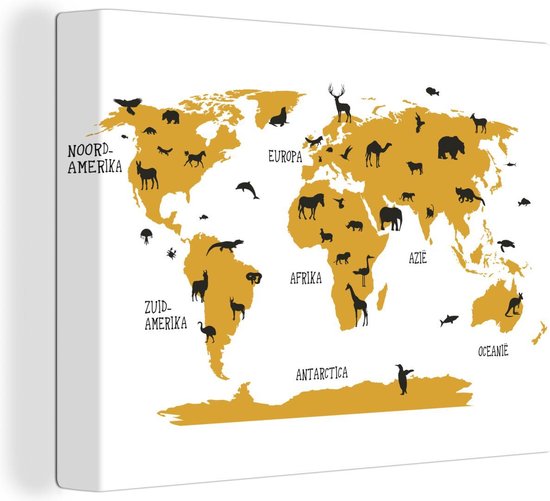 Carte du monde dorée avec des illustrations d'animaux sur toile blanche, tournée pour montrer le côté, avec une ombre sur le mur.