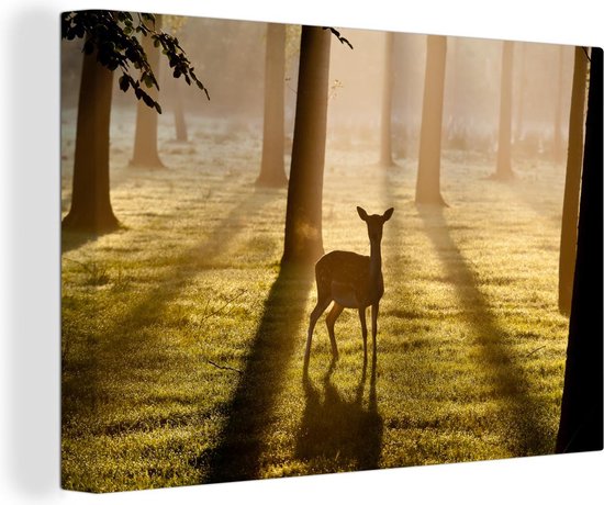 Canvas Schilderij Hert - Bos - Zon - 120x80 cm - Wanddecoratie