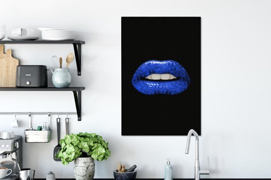 Canvas schilderij 40x60 cm - Wanddecoratie Lippen - Geld - Blauw - Muurdecoratie woonkamer - Slaapkamer decoratie - Kamer accessoires - Schilderijen op canvas