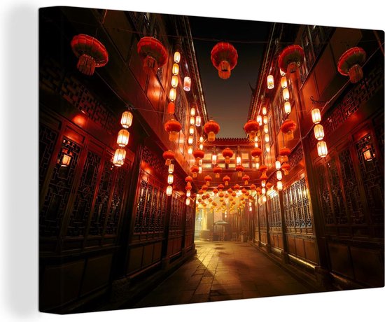 Chinese straat met lampionnen Canvas 60x40 cm - Foto print op Canvas schilderij (Wanddecoratie)