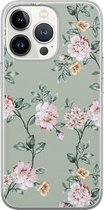 iPhone 13 Pro hoesje siliconen - Bloemetjes - Soft Case Telefoonhoesje - Bloemen - Transparant, Groen