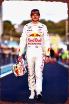 Binnenkort leverbaar -Max Verstappen in witte Red Bull livery - Eerbetoon Honda - Vintage metalen poster/bordje - Formule 1 - F1 - Red Bull Racing - Redbull - Verstappen