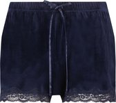 Hunkemöller Nachtmode Dames Shorts Velours Lace  - Blauw - maat 2XS