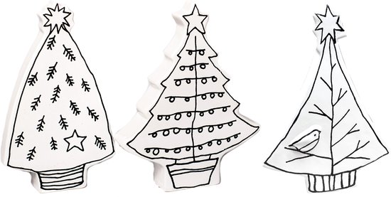 Home Society - Porseleinen kerstboompjes 'Juletre' (Set van 3, wit)