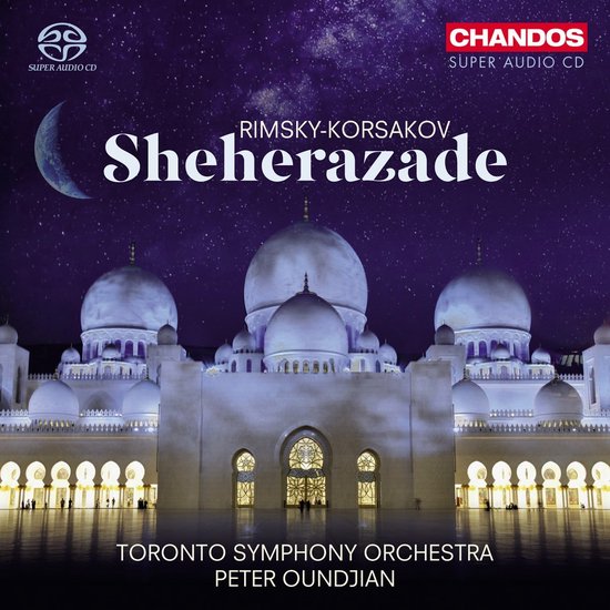 CD-hoes met de tekst 'Rimsky-Korsakov Sheherazade' en een nachtelijk stadsgezicht met een moskee.