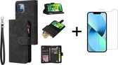 Luxe Telefoonhoesje voor Apple iPhone 13 Mini | Hoogwaardig Leren Bookcase | Lederen Wallet Case | Luxe Uitstraling | Pasjeshouder 6 stuks | Zwart + 1x Screenprotector
