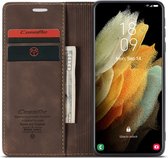 CaseMe Retro Wallet Slim Samsung S21 Ultra hoesje bruin - Flipcover - magnetische sluiting - 2 kaarthouders en een vak voor briefgeld