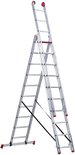 Aluminium reformladder in A-stand met een extra ladderdeel uitgeschoven, rode trappers.
